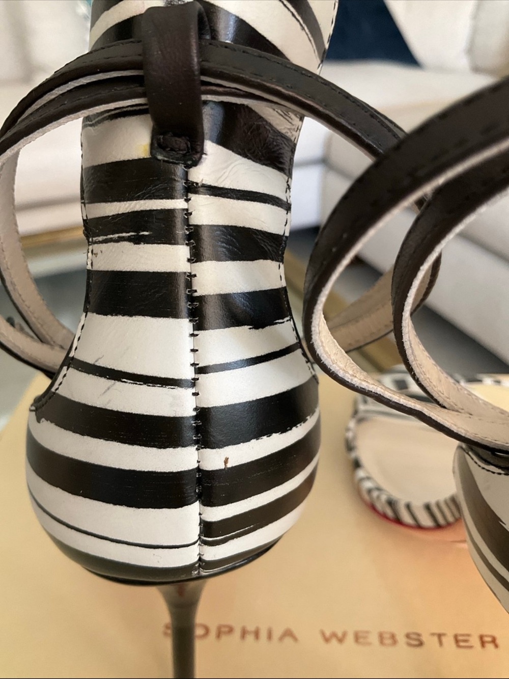 Sophia Webster Nicole black/white stripe red trim double ankle strap heels, 38.5 - Picture 10 of 13